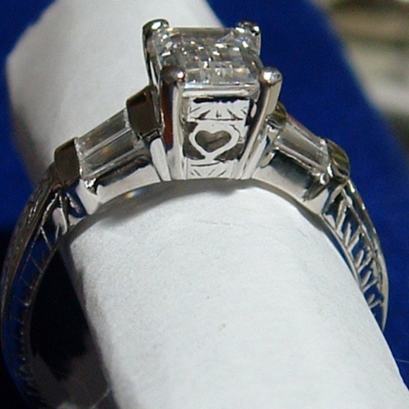 Emerald Cut Cz Engagement Ring Engraved Sides - Picture 2 of 8